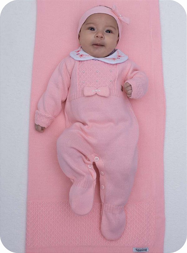 Saída de maternidade Dinhos Baby Mayte macacão em tricot + body com gola bordada + faixa de cabelo 4 peças