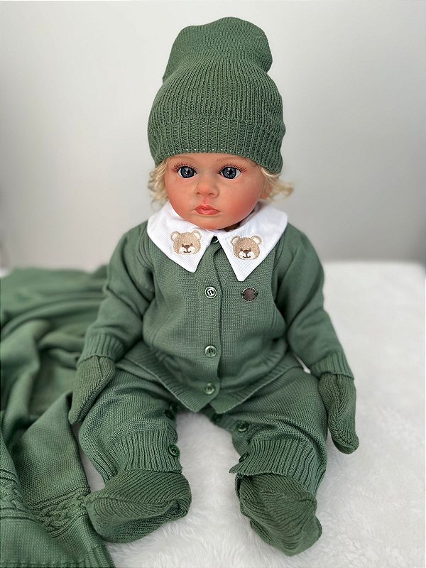 Saída maternidade menino tricot + kit gorro luvas e sapatinhos