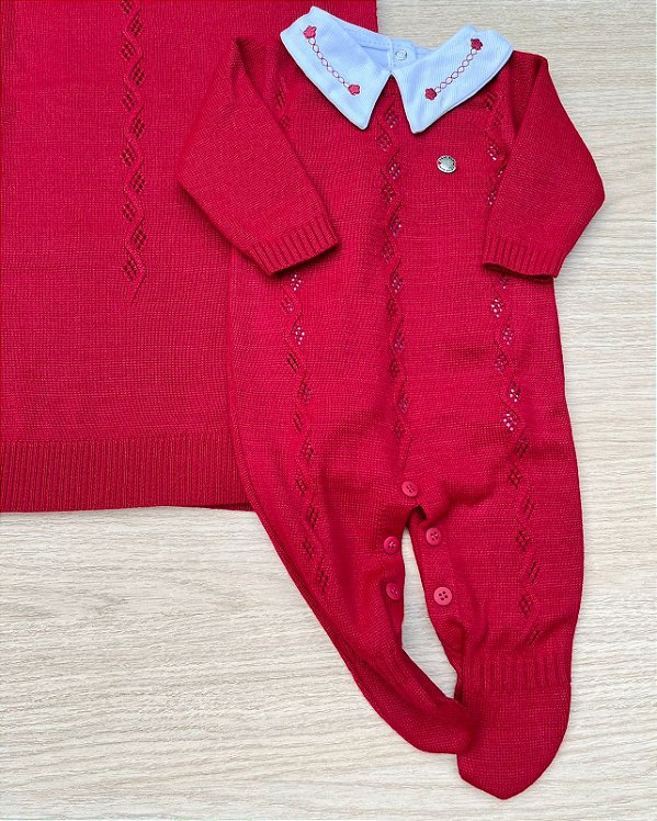 Saída de maternidade Dinhos Baby menino Enzo macacão em tricot 3 peças