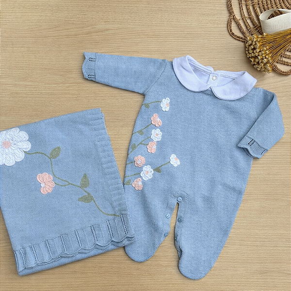 Saída de maternidade menina bordado de flores em tricot 3 peças