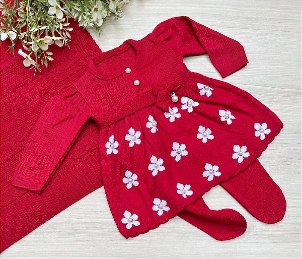 Saida de maternidade Dinhos Baby menina vestido margarida tricot 3 peças