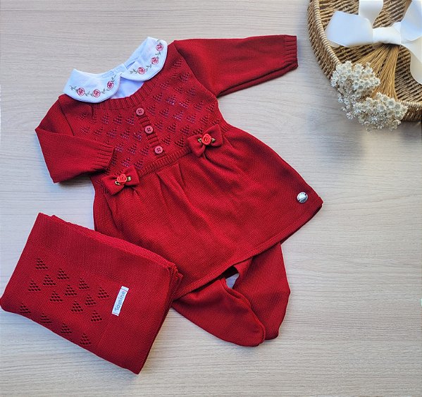 Saída de Maternidade Menina Vestido Rococó Tricot 4 Peças