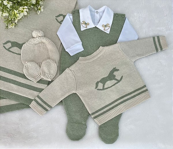 Saída de Maternidade Dinhos Baby Menino Texas Cavalinho Tricot 6 peças