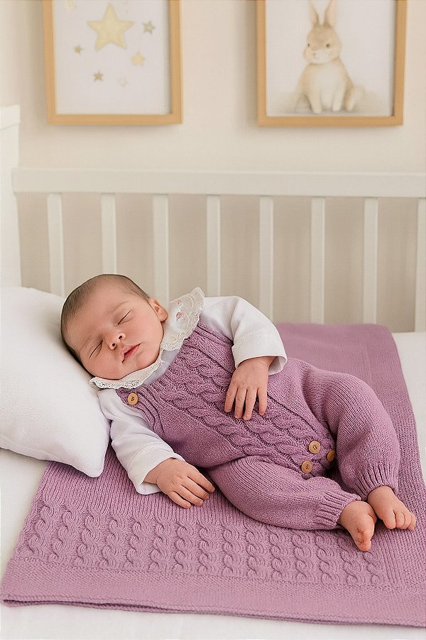 Saída de Maternidade Menina Jardineira Renda Tricot 3 Peças - Dinhos Baby