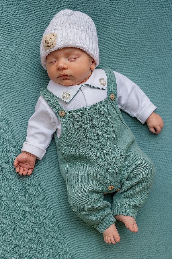 Saída de Maternidade Dinhos Baby Menino Leão Jardineira Tricot 3 Peças