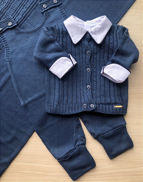 Saída Maternidade Menino Gola Limpa Dois botões em tricot 4 peças