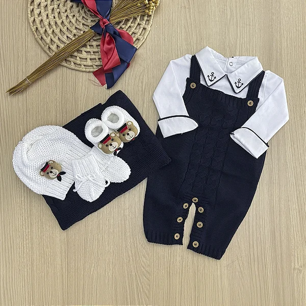 Saída de maternidade menino Jardineira tricot Marinheiro 6 peças