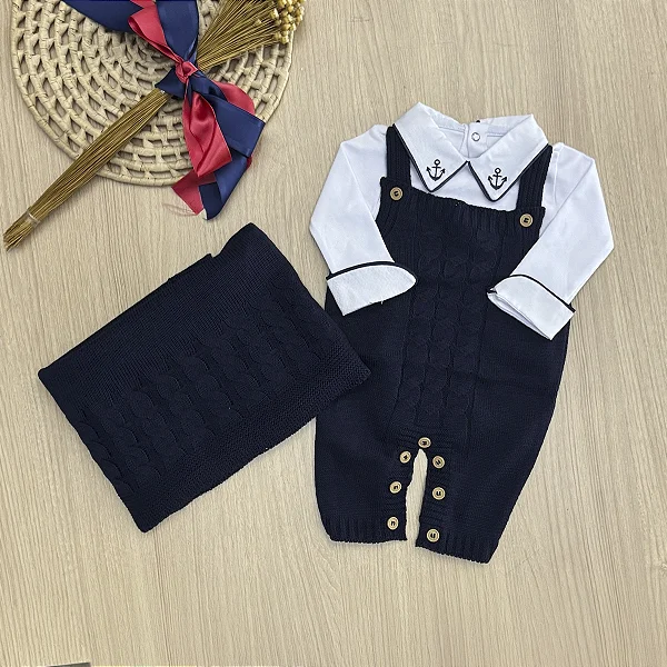 Saída de maternidade menino Jardineira tricot Marinheiro 3 peças