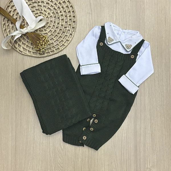Saída de maternidade menino Jardineira tricot Gravata 3 peças