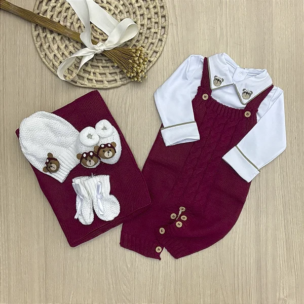 Saída de Maternidade Menino Jardineira Ursinho Aviador Vermelha Tricot 6 Peças