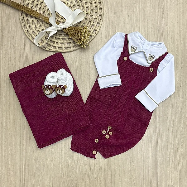 Saída de Maternidade Menino Jardineira Ursinho Aviador Vermelha Tricot 4 Peças