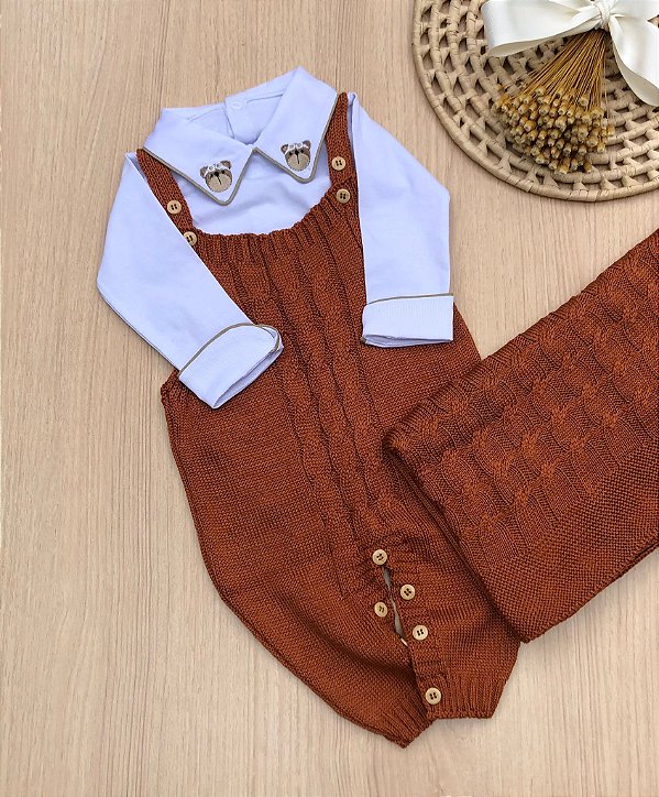 Saída de Maternidade Menino Jardineira Ursinho Aviador Tricot 3 Peças