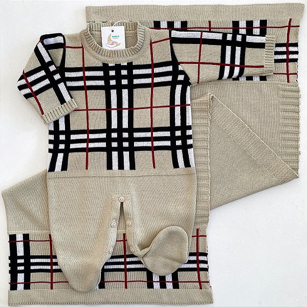 Saída de maternidade de menino macacão xadrez em tricot 2 peças