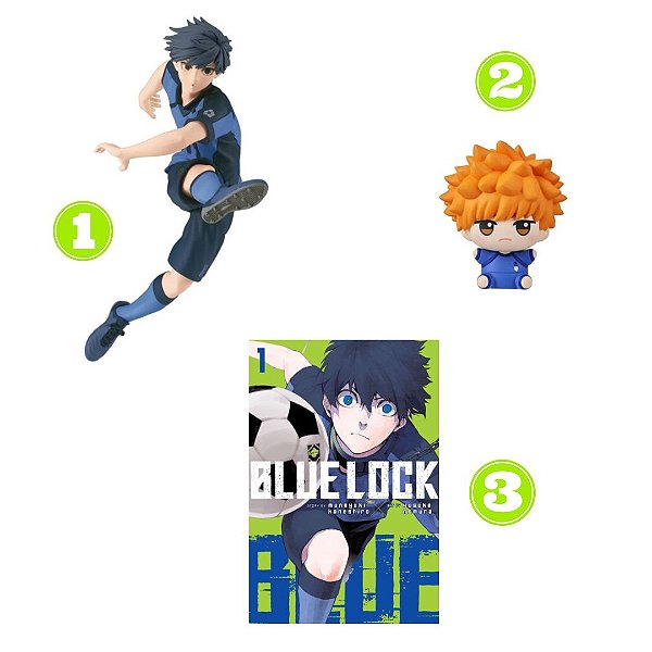 COMBO BLUE LOCK: Action Figure Isagi Yoichi - Bandai + Osuwari Figure (Mini) Vol.2 - Kunigame Rensuke - Bandai + Mangá Blue Lock Vol.1 - Panini - Novo e lacrado