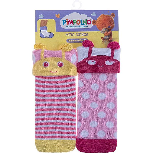 KIT MEIA LUDICA INFANTIL 00-15 FEM PIMPOLHO ROSA ABELHA/ROSA JOANINHA