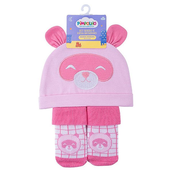KIT GORRO E MEIA BICHINHO RN FEM PIMPOLHO ROSA/PANDA