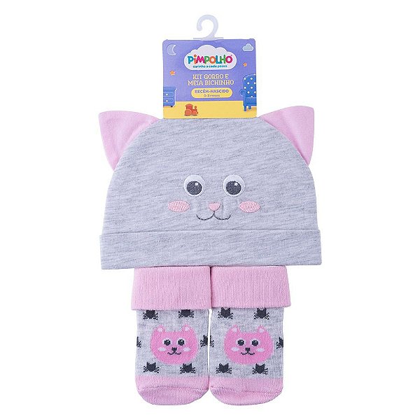 KIT GORRO E MEIA BICHINHO RN FEM PIMPOLHO CINZA/GATA