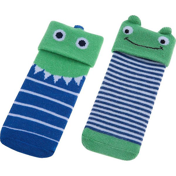 KIT MEIA LUDICA INFANTIL 00-15 MASC PIMPOLHO AZUL DINOSSAURO/VERDE SAPO