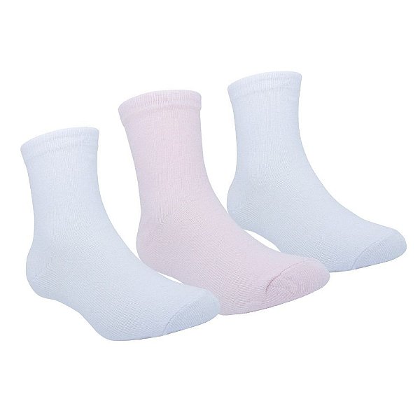 KIT MEIA LISA 3PRS/TAG CANO ALTO BRANCA/ROSA FEM 31 A 34