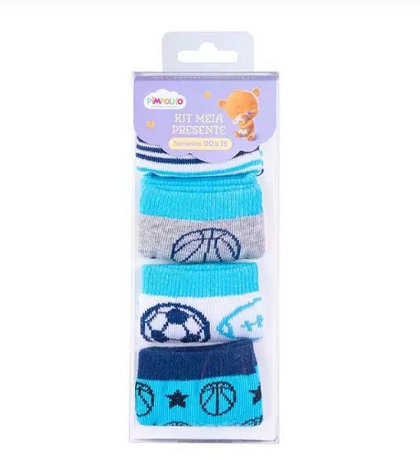 KIT MEIA PRESENTE 4 PARES RECÉM NASCIDO 00-15 MASC PIMPOLHO MARINHO/CINZA/BRANCA/AZUL