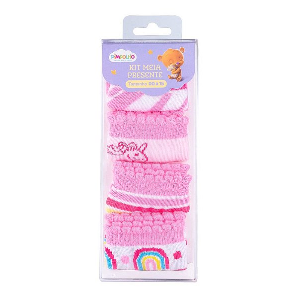 KIT MEIA PRESENTE 4 PARES RECÉM NASCIDO 00-15 FEM PIMPOLHO ROSA/ROSA/ROSA/ROSA