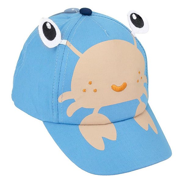 Boné Infantil Lúdico Masculino Pimpolho Azul Caranguejo com Olhinhos 3D