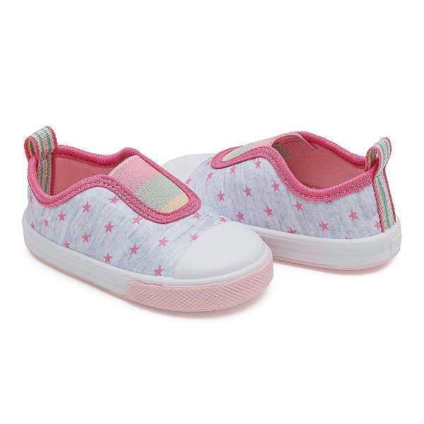 Tênis Slip On Pimpolho Comfort Cinza e Rosa com Estrelinhas