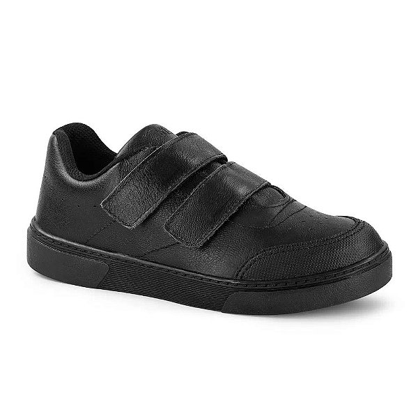 Tenis Bibi School Couro Preto com Velcro e Sola Reta