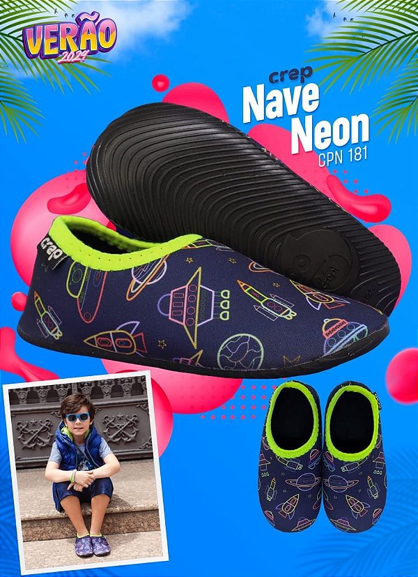 Sapatilha de Neoprene CREP Nave Espaço Azul e Verde Neon