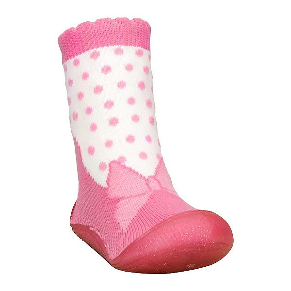 Meia com Sola de Glitter Pimpolho Rosa com Lacinho
