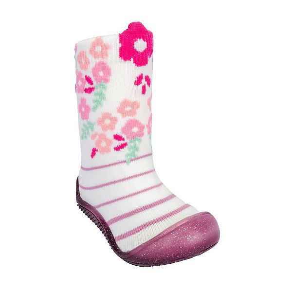 Meia com Sola de Glitter Pimpolho Branca e Rosa com Flores