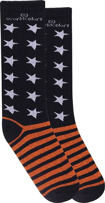 Meia 23 - 29 Worls Colors 3/4 Preta com Estrelas Brancas e Listras Laranja