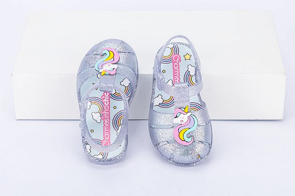 Sandália Charmosinha Chic Aranha Maxi Gliter Prata com Unicórnio
