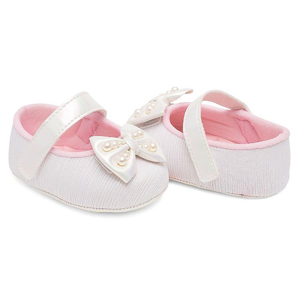 Sapato Boneca Baby Pimpolho Branco com Laço e Pérolas