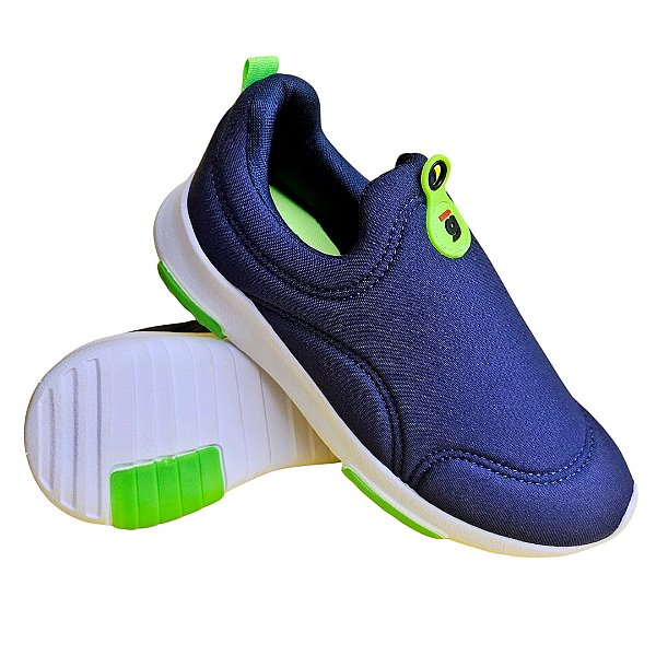 Tênis Jogging Gibizinho Marinho/Verde com a sola branca com cano baixo calce fácil