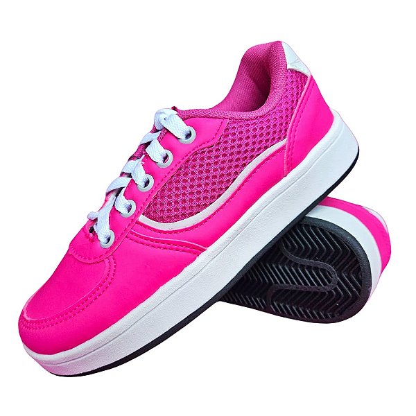 Tênis Casual Feminino Gibizinho Pink e Branco Com Cadarço
