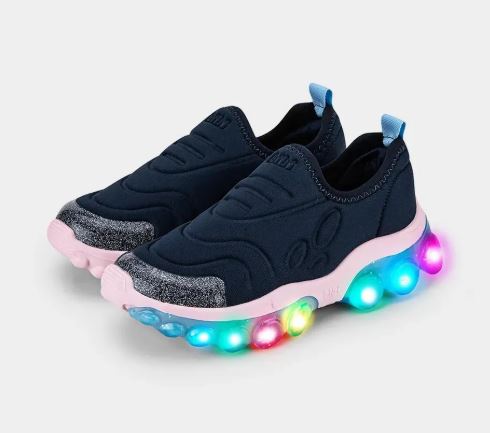 Tenis Bibi Roller Celebration Feminino Azul Marinho com Sola Rosa e Led Azul com Glitter de Neoprene Calce Fácil
