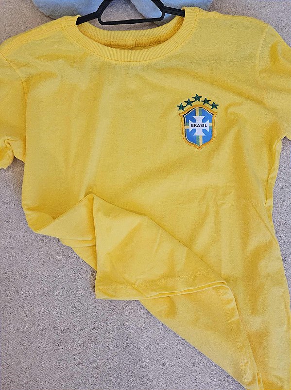 Camiseta Baby Look Brasil Amarela Com Brasão Bordado