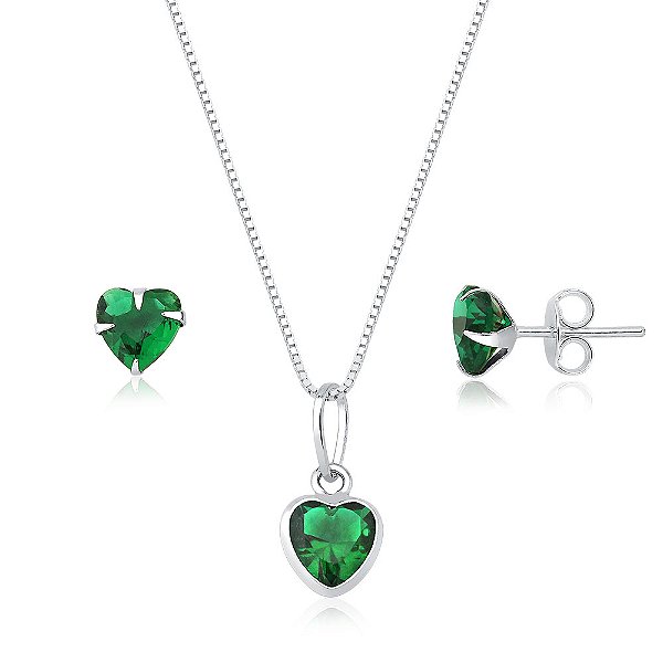 Conjunto coração verde esmeralda prata 925
