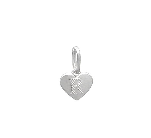 Pingente letra R formato coração em prata 925