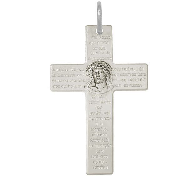 Pingente cruz oração Pai Nosso e face de Cristo prata 925