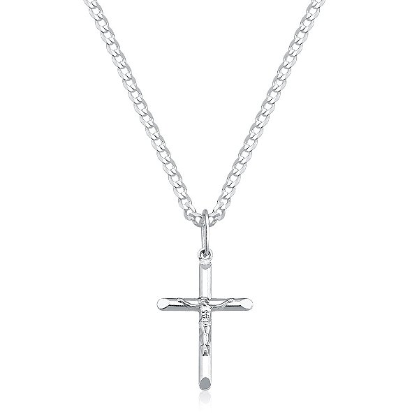 Cordão de prata 925 grumet 3mm 60cm com pingente cruxifixo
