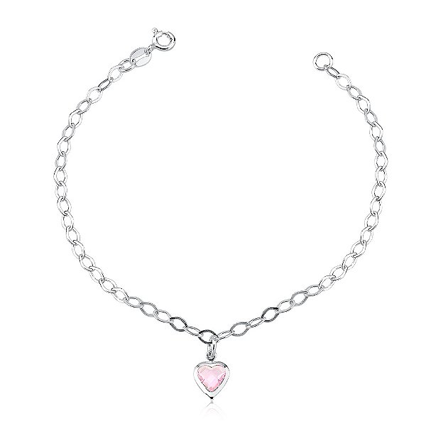 Pulseira feminina coração pendente rosa | Prata 925