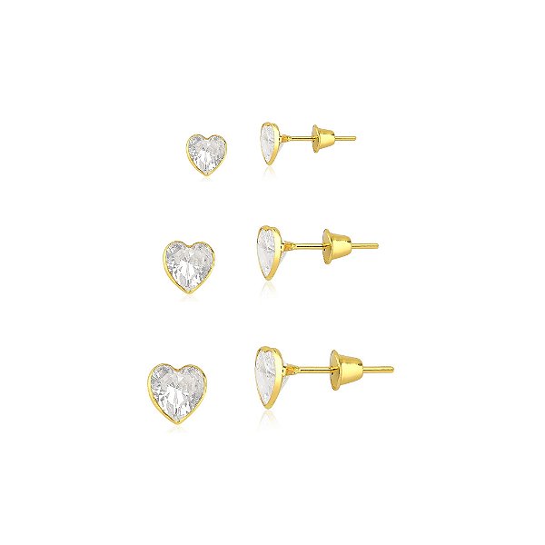 Trio de brincos de ouro 18k formato de Coração - Zircônias Cristal