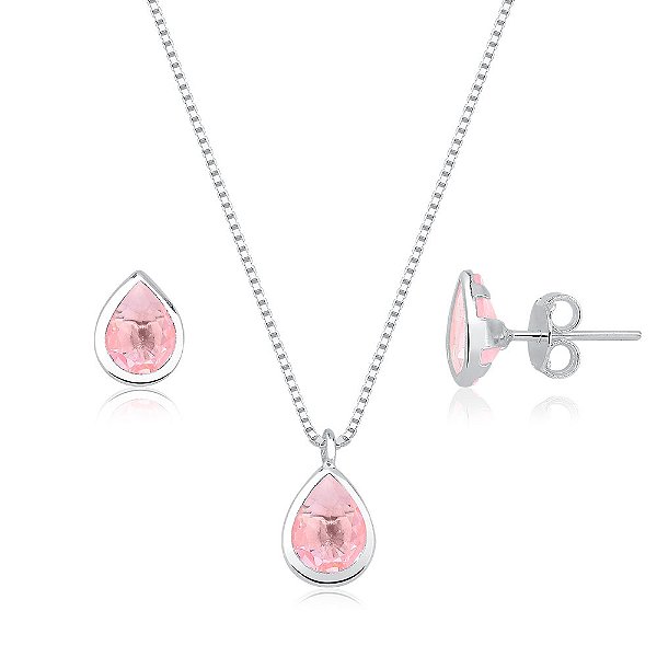 Conjunto brincos e colar gota cravação inglesa Rosa claro