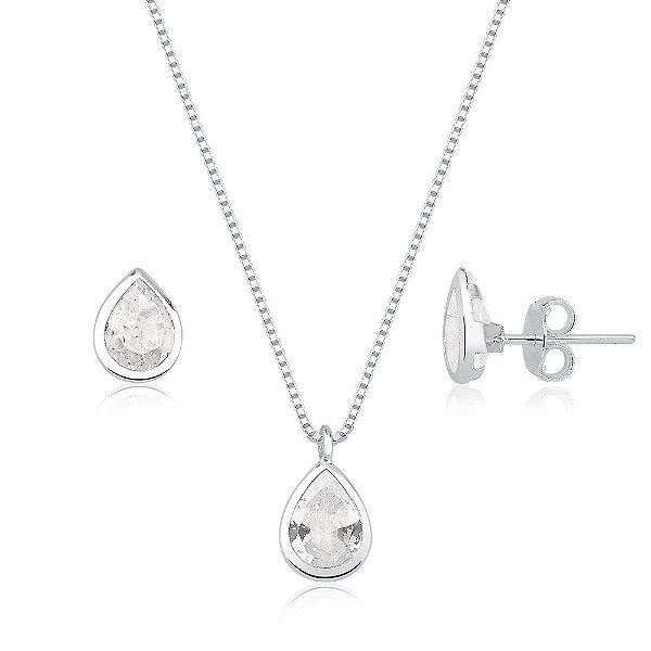 Conjunto colar feminino e brincos de prata 925 Gota Cristal