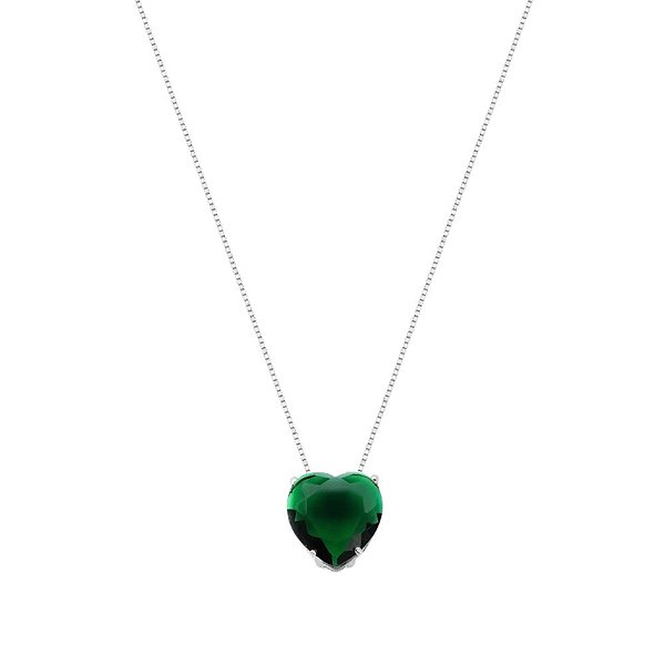 Colar Feminino de Prata 925 Coração Galeria Verde Esmeralda 45cm
