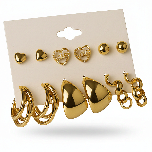 Maxi Kit 6 Pares de Brincos Dourado