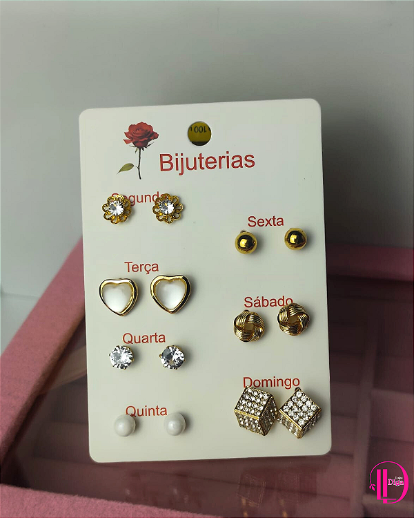 Cartela Semaninha c/ 7 Pares de Brincos Dourado