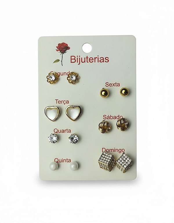 Cartela Semaninha com 7 Pares de Brincos Dourado Bijuteria